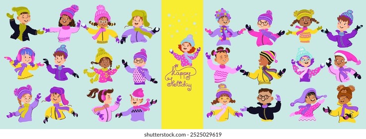 Set of cheerful children in bright winter clothes. Portraits of smiling boys and girls. Happy cartoon children. Diverse multiethnic kids. Hand-drawn isolated colorful vector flat illustration.