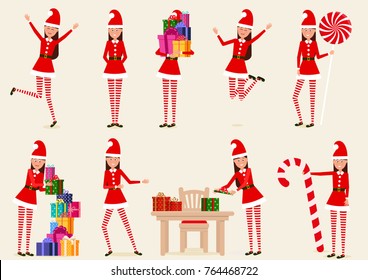 A set of cheerful, Christmas, cartoon girls. Isolated, vector objects