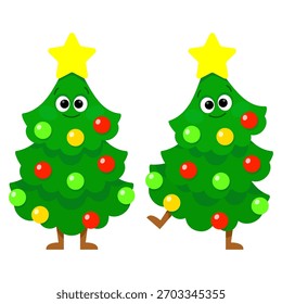Ein Set fröhlicher Weihnachtsbäume mit Dekorationen und einem Stern