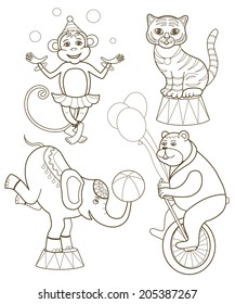 set of cheerful circus animals (vector illustration for children's coloring books)