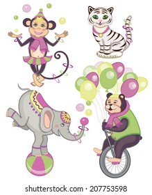 set of cheerful circus animals (vector illustration for children's books)