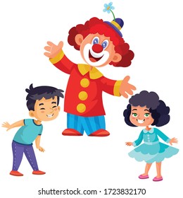 set of cheerful clown and happy children, isolated object on white background, vector illustration,