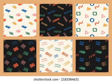 Set of cheerful colorful doodles, seamless pattern. Creative minimalist art background for kids or trendy design with basic shapes. Flat design, hand drawn, cartoon.