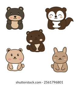 Set of Cheerful Cute Bear Squirrel Rabbit Animal Mascot Cartoon Character