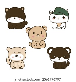 Set of Cheerful Cute Cat Kitten Bear Animal Mascot Cartoon Character