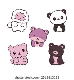 Set of Cheerful Cute Funny Teddy Bear Dog Puppy Sheep Animal Mascot Cartoon Character Tilting Head