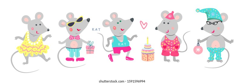 Set of cheerful and cute rats  for decoration of holiday prints  on white isolated backgraund.Cartoon style vector illustration. Great design element for sticker, patch or poster.