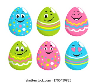 Set of cheerful decorated easter eggs with faces, eyes, mouth. Cartoon characters with positive emotions, funny smiles. Blue, green pink color with a striped pattern, polka dot, zigzag. Vector image.