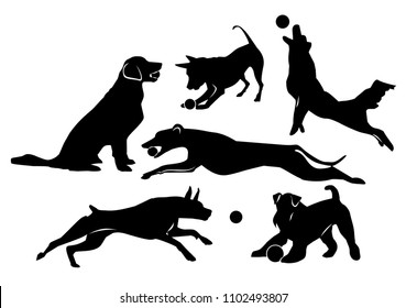 Set of cheerful dogs. Black isolated silhouettes on white background. Vector