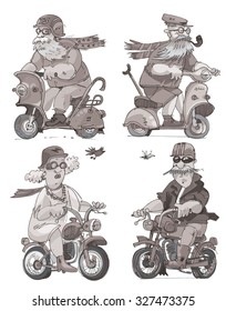 Set of cheerful elderly persons riding on a scooter - cartoon