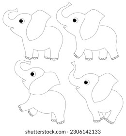 Set of cheerful elephants. Coloring book page template for children. Vector illustration EPS 10.