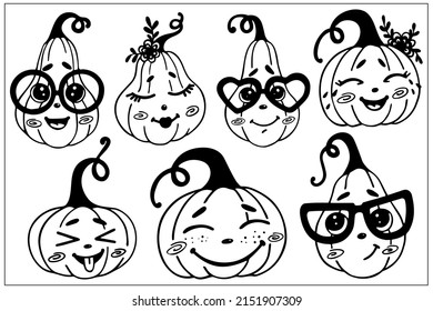 Set of cheerful emotional pumpkins.Cartoon characters linear doodles.Vector graphics.