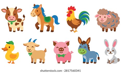 Set of cheerful farm animals like cow, horse, rooster, sheep, duck, goat, pig, donkey, and rabbit.
