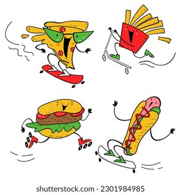 Set of cheerful fast food: burger, pizza, french fries, hot dog. Doodles vector illustration.