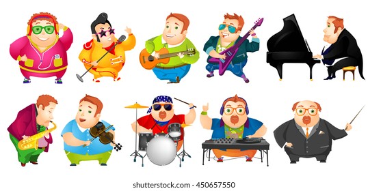 Set of cheerful fat man conducting with baton, listening music, singing, playing guitar, saxophone, piano, violin, drum, mixing music on turntables. Vector illustration isolated on white background.