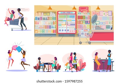 Set of cheerful female friends hanging out together. Flat vector illustrations of women shopping, fighting with pillows. Leisure concept for banner, website design or landing web page