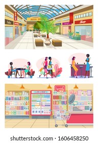 Set of cheerful female friends spending time together. Flat vector illustrations of women shopping, drinking at cafe or bar. Leisure concept for banner, website design or landing web page