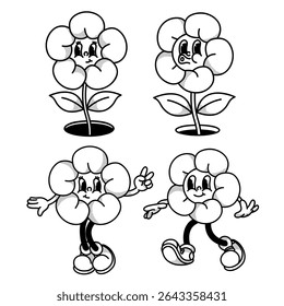 Set of cheerful flower character retro mascot with smiling face and shoes. Cute spring or summer symbol