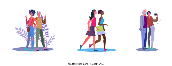 Set of cheerful friends posing and making selfie. Flat vector illustrations of women walking around together. Friendship, selfie, going out concept for banner, website design or landing web page