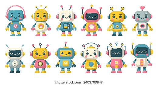 Set of cheerful funny cartoon children's robots. Cute cyborgs, futuristic modern bots, android, smiling characters in flat vector illustration isolated on white background. Science technology concept.