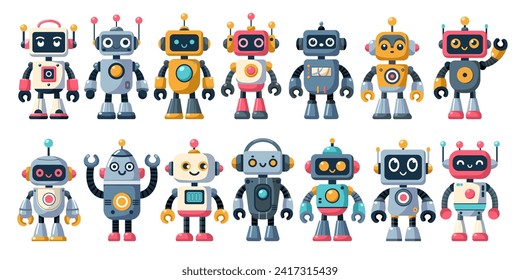 Juego de divertidos dibujos animados robots para niños. Ciborgs, bots futuristas modernos, androides, personajes sonrientes en ilustración vectorial plana aislados en fondo blanco. Concepto de tecnología científica.