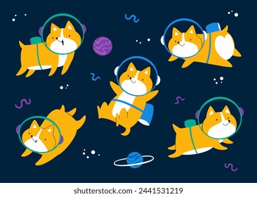 Set of cheerful funny corgi astronauts. Vector illustration for Cosmonautics Day.