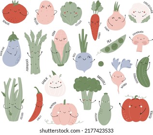 Set of cheerful funny vegetables potato, pepper, celery, radish, eggplant, carrot coloful flat illustrations.