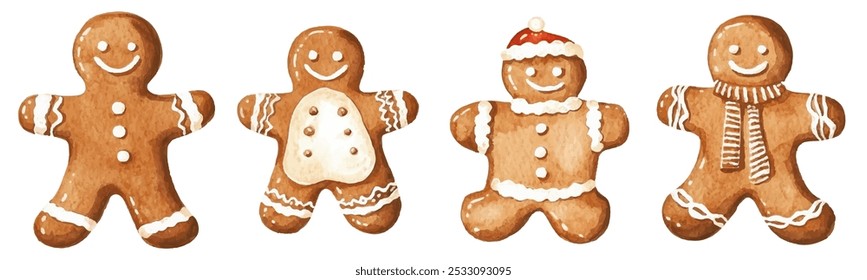 Conjunto de alegres galletas de jengibre, cada una decorada de forma única con detalles festivos de glaseado. Las galletas presentan a personas sonrientes de pan de jengibre en varios diseños temáticos navideños. Ilustración vectorial