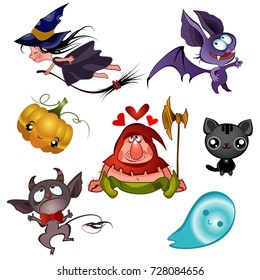 set of cheerful halloween characters on a white background. vector illustration