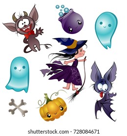 set of cheerful halloween characters on a white background. vector illustration