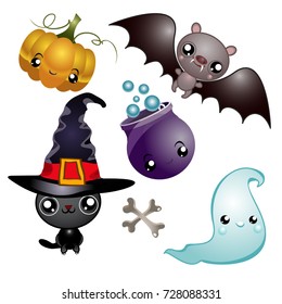 set of cheerful halloween characters on a white background. vector illustration