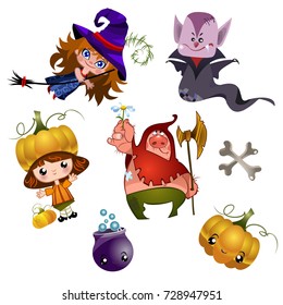 set of cheerful halloween characters on a white background. vector illustration