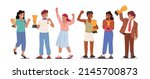 Set Cheerful Happy Children Celebrating Victory Success in Educational or Sports Competition. Cute Girls and Boys Holding Cup Trophy. Kids Characters Win in Contest. Cartoon People Vector Illustration