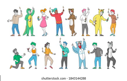 Set of Cheerful Happy People in Funny Costumes Friendship, Celebration and Pajama Party Concept. Rejoice Isolated on White Background. Friends Characters Corporate Booze. Linear Vector Illustration