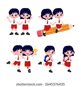 Set of Cheerful Indonesian School Children in Uniform