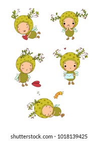 Set with a cheerful insect. Forest Fairy. Cute Elf. Cartoon fly. Vector illustration on white background.