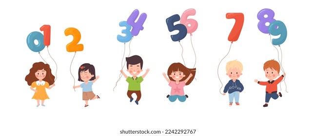 Set of cheerful kids holding balloons in forms of numbers from 0 to 9 flat style, vector illustration isolated on white background. Preschool math education, design element