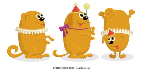 Set of cheerful kind circus trained dogs, holiday illustration, funny cartoon characters, isolated on white background. Vector