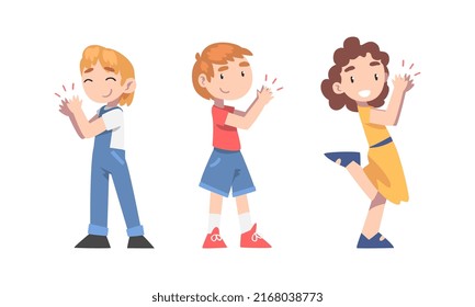 Set of cheerful little children clapping their hands expressing admire and delight cartoon vector illustration