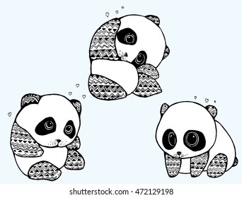 Set of cheerful pandas. Set of cute pandas. Little panda. Children's art. Teddy bear. Line art. Black and white drawing by hand. Collection. Tattoo. Doodle. Zentangle.