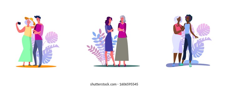 Set of cheerful parents with adult children. Flat vector illustrations of mothers with adult children taking selfie, talking, hugging. Family concept for banner, website design or landing web page