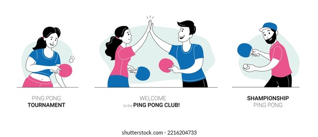 Set of cheerful people athletes playing table tennis. Ping pong players in sports outfit taking part in sports tournament or championship. Ping pong club banner cartoon thin line vector illustration