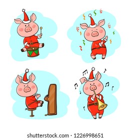 Set of cheerful pigs for decoration of holiday prints