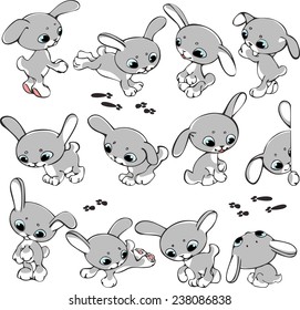 Set of cheerful and playful rabbits in different poses vector illustration. 