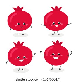 Set of cheerful pomegranate cartoon characters in flat style. Vector illustration isolated on white background