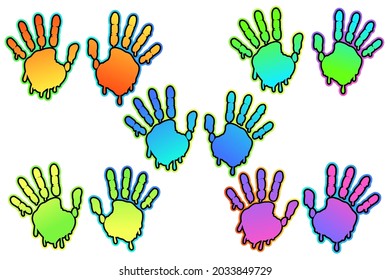 Set of Cheerful rainbow handprints traces. Bright background. Halloween neon print. For printing on textiles and more.