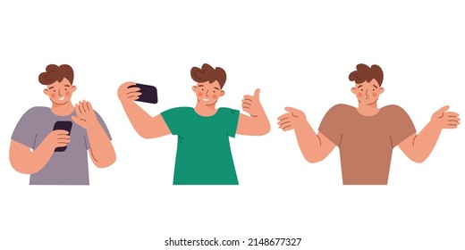 A set of cheerful and sad emotions is the chagrin, joy of people. A man is talking on the phone. People take selfies. Vector illustration for printing.