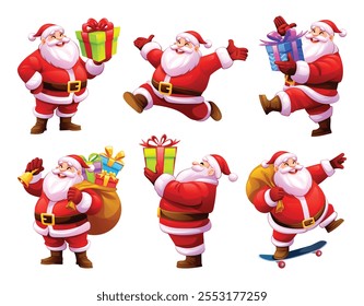 Conjunto de alegres personajes de Santa Claus en varias poses con regalos y saco. Vector ilustración de dibujos animados