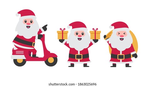 set of cheerful santa clauses brings gifts