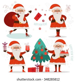 Set of cheerful Santa Clauses. Santa Claus brings gifts, Santa Claus decorating the Christmas tree, Santa Claus gives presents.